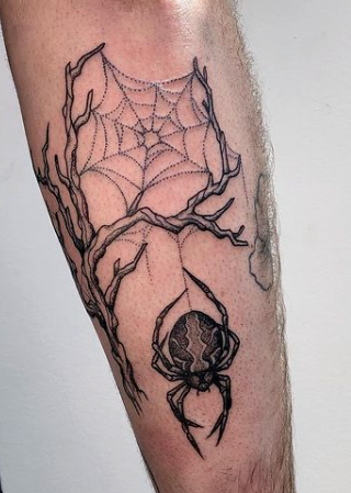 Spider and web black ink tattoo